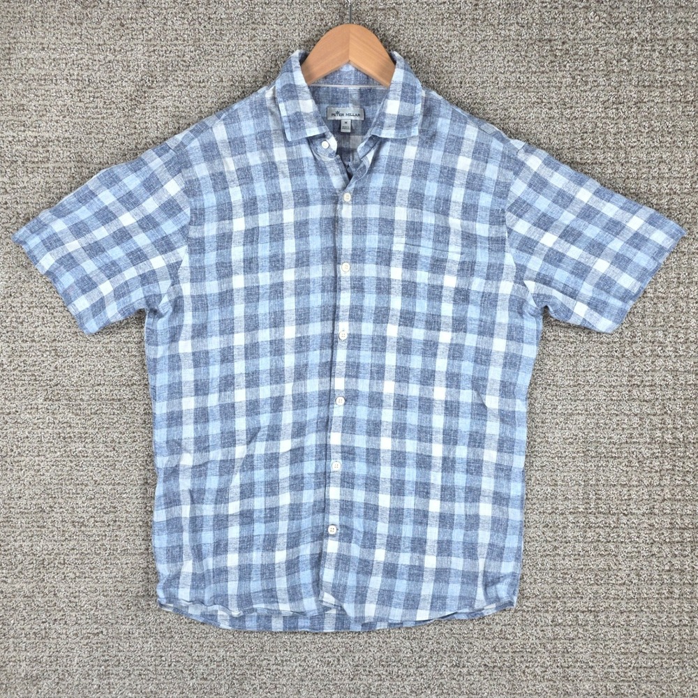 Peter Millar Mens Blue Plaid Linen Sorona Short Sleeve Button‎ Up Shirt Size M